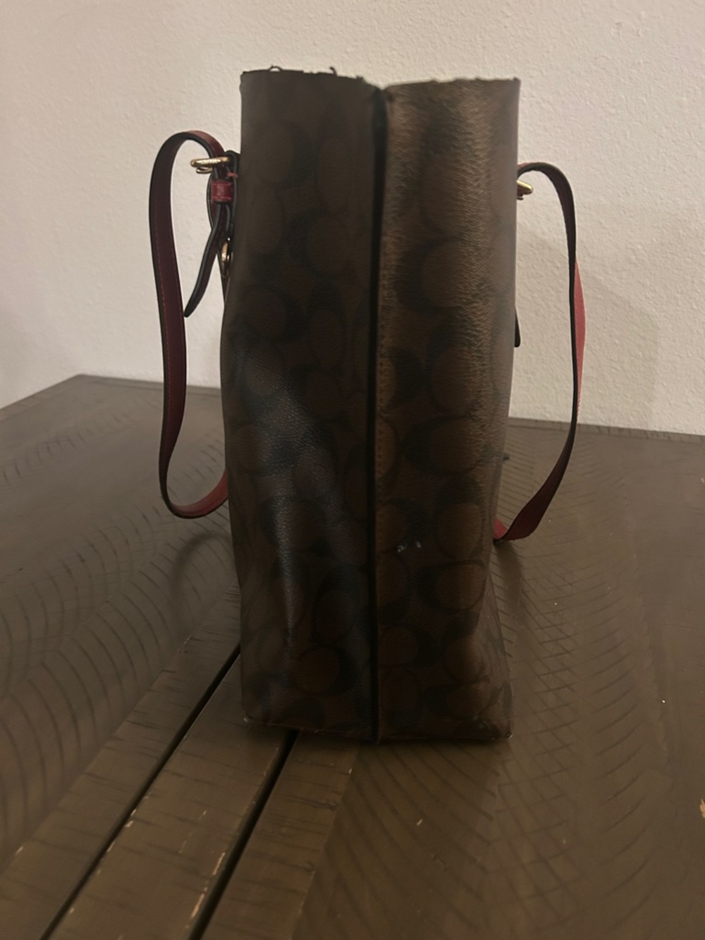 Coach Brown Signature Tote with Red Leather Straps - Picture 5 of 11